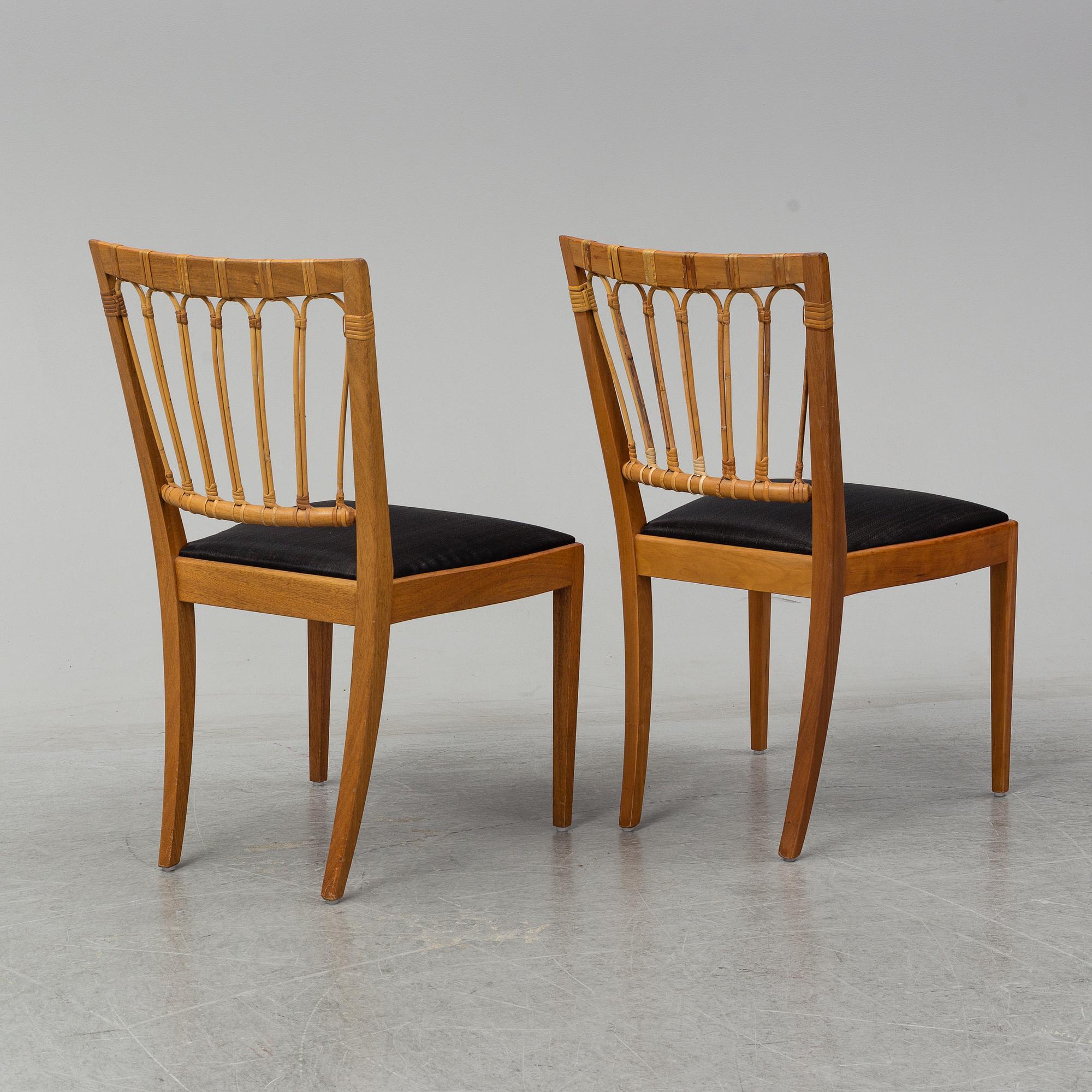 A set of six mahogany and rattan dining chairs, Josef Frank, , model 1165, Svenskt Tenn, Stockholm.