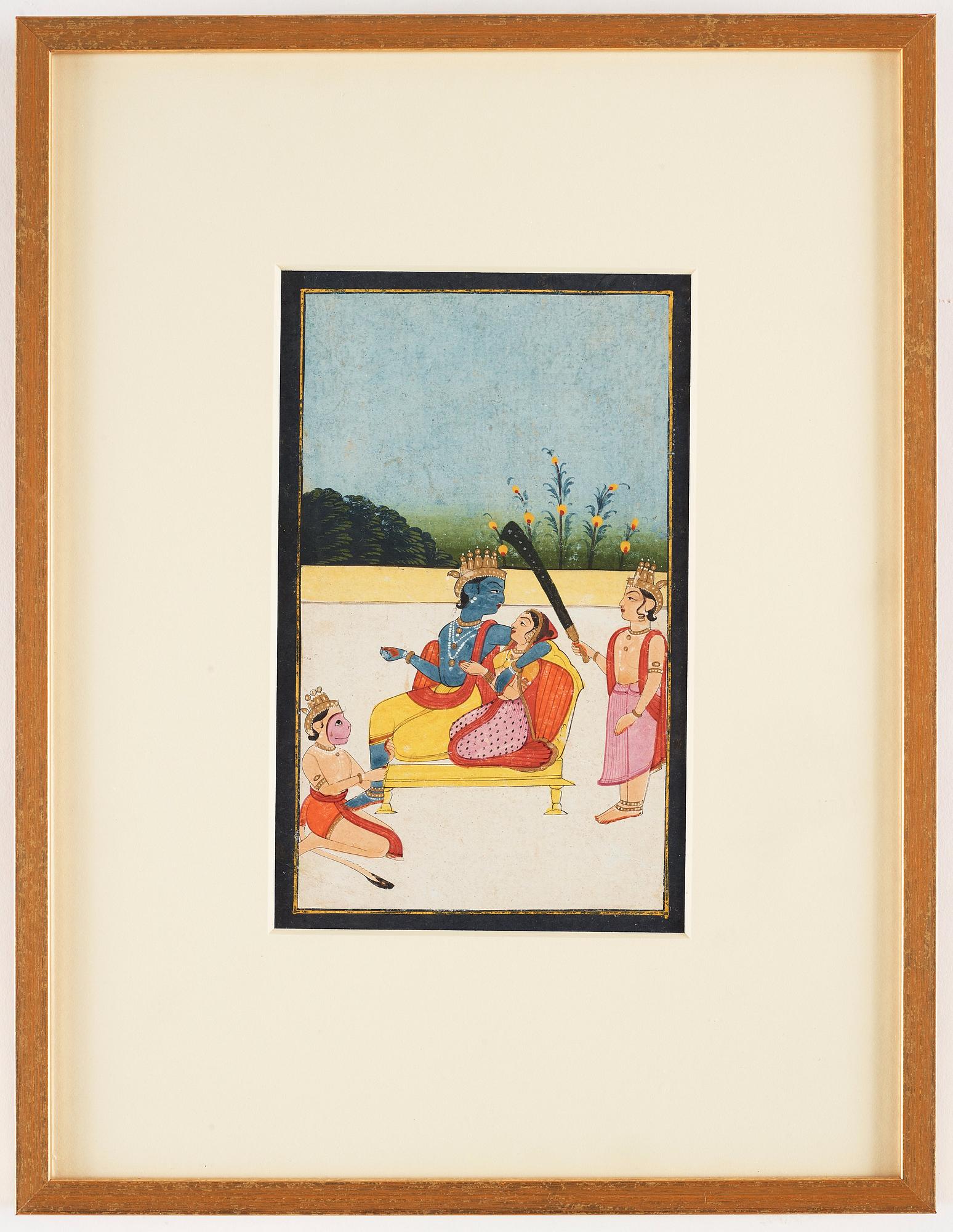A painting of Rama and Sita on a yellow throne with Hanuman, India, Rajasthan, Jaipur, first half of 19th Century.