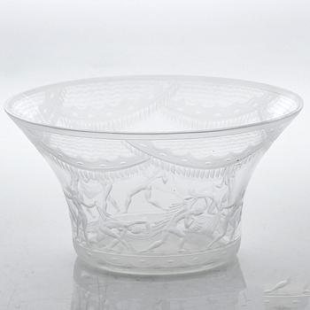 Simon Gate, glass with saucer, "Slöjdansen", Orrefors engraver Krister Eriksson 1984.