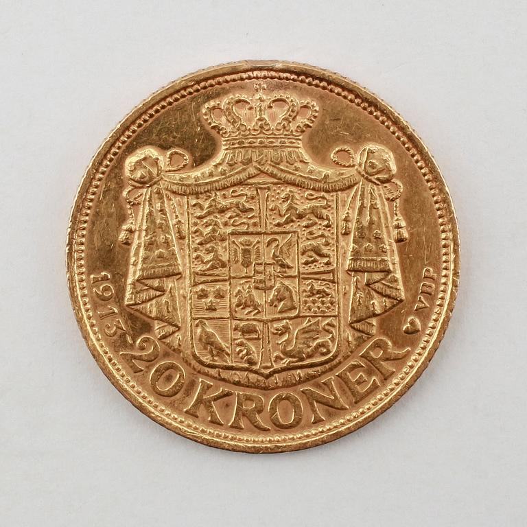 GULDMYNT, 20 kroner, Christian X, Danmark, 1913. Vikt ca  9 gram.
