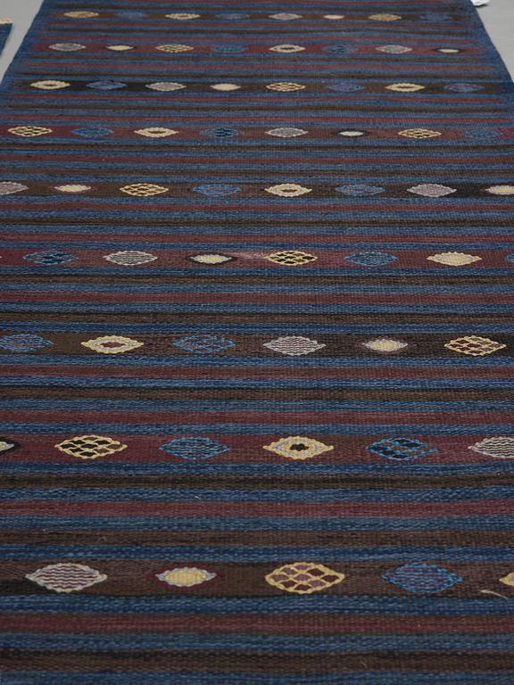BARBRO NILSSON, carpets, 2 pieces, flat weave, 238,5 x 101 resp. 181,5 x 81 cm, "Blåbär, mörk", signed AB MMF BN.