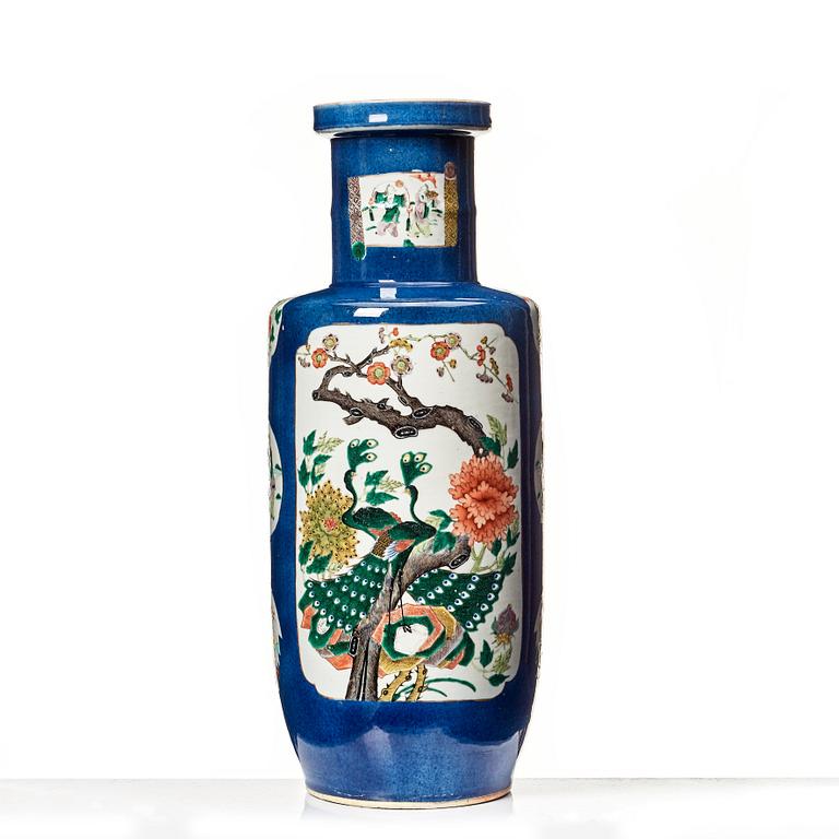 A powderblue and famille verte roleau vas, late Qing dynasty.