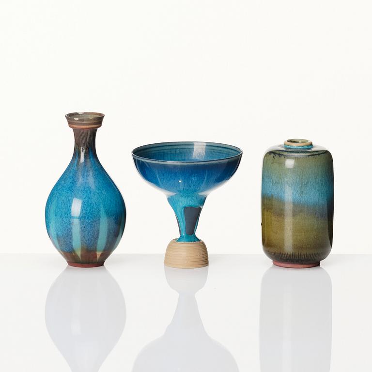 Wilhelm Kåge, three 'Farsta' stoneware miniature vases, Gustavsberg studio, Sweden 1958.