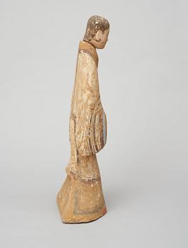 A painted pottery figure of a court attendant, Han Dynasty (206 BC-220 AD).