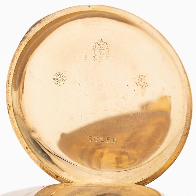 Pocket watch, 14K gold, hunter case, 49.5 mm, with chain.