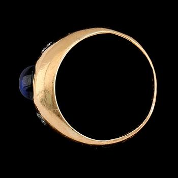 RING, 18K guld, diamanter samt blå sten, svenska stämplar. Total vikt ca4 g.