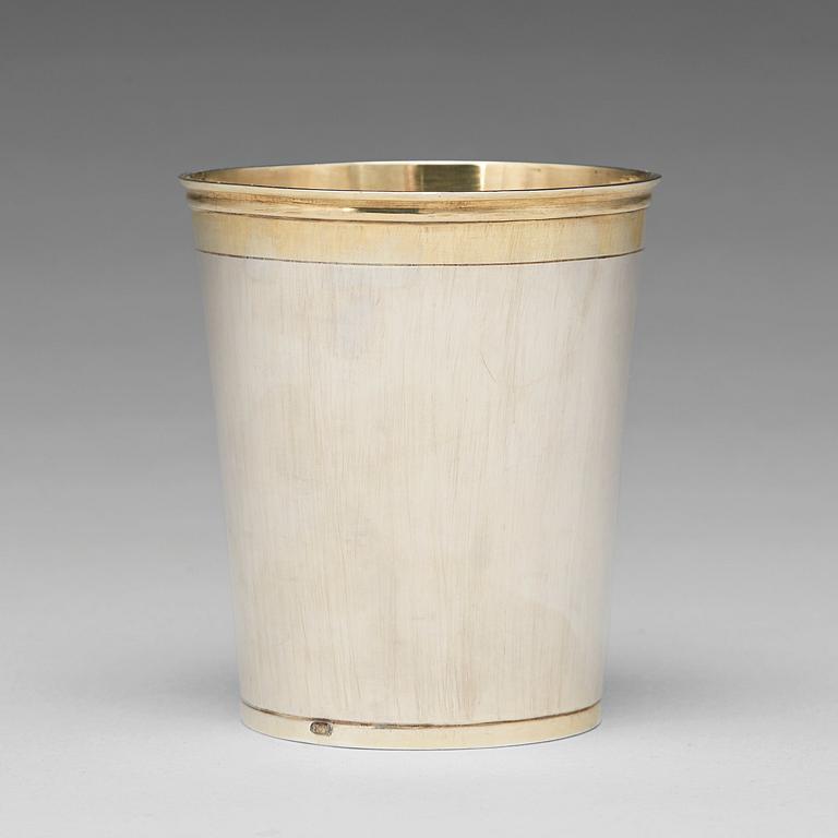 A Northern European late 17th/early 18th century parcel-gilt silver beaker, unmarked.