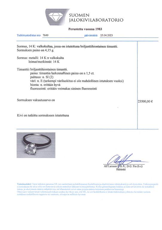 Ring, 14K vitguld och diamant ca 1.56 ct. AIG-certifikat.