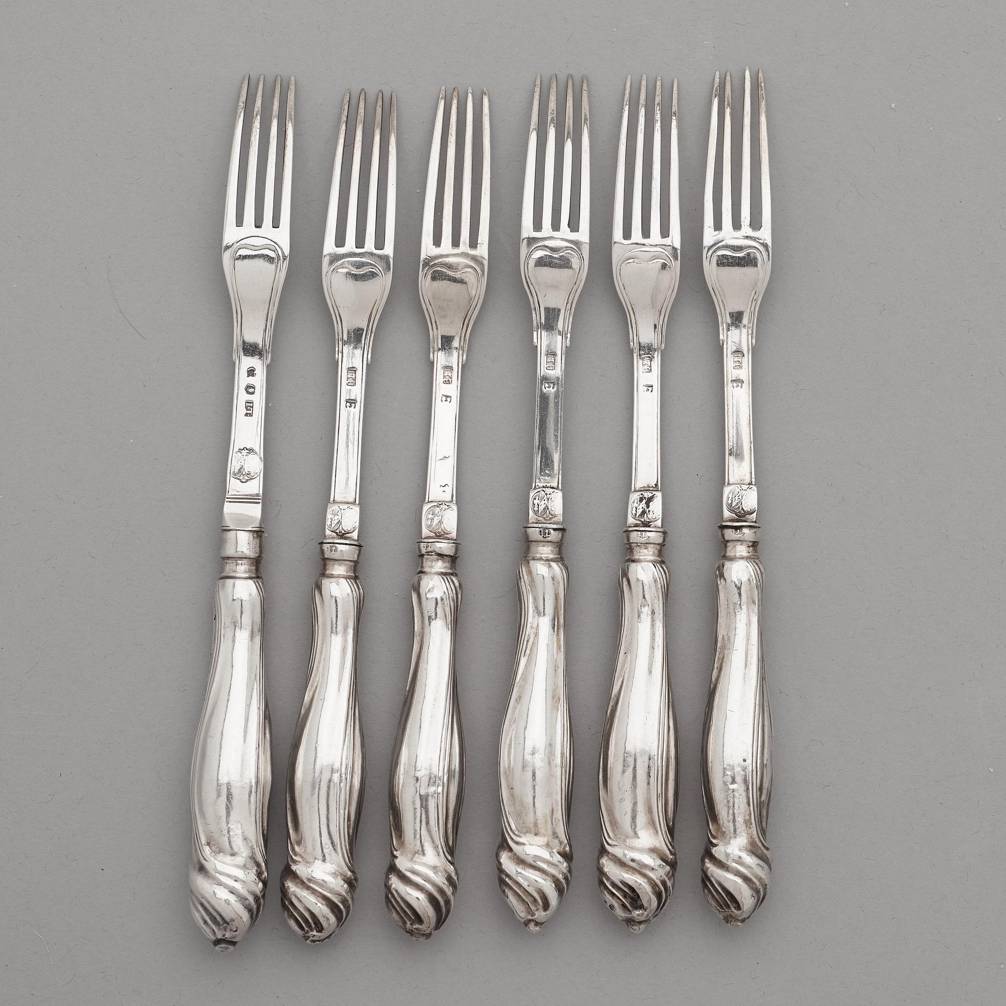 Isak Trybom, dessertgafflar, 6 st, silver, Stockholm 1763. Rokoko.