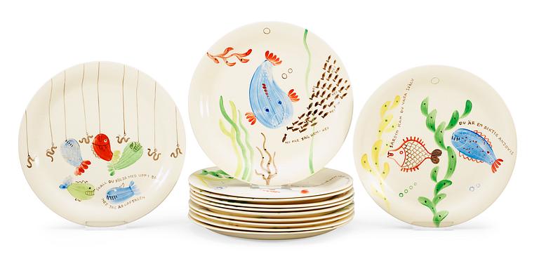 STIG LINDBERG, tallrikar, 12 st, "Löja", Gustavsberg 1948-62.