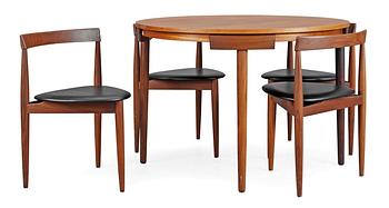 428. HANS OLSEN, matbord och stolar, 4 st, 
Frem Röjle, Danmark 1950-tal.