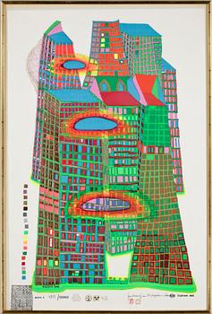 Friedensreich Hundertwasser · FRIEDENSREICH HUNDERTWASSER, färgserigrafi med metallprägling, sign o numr 4885/10 000, dat 1969.