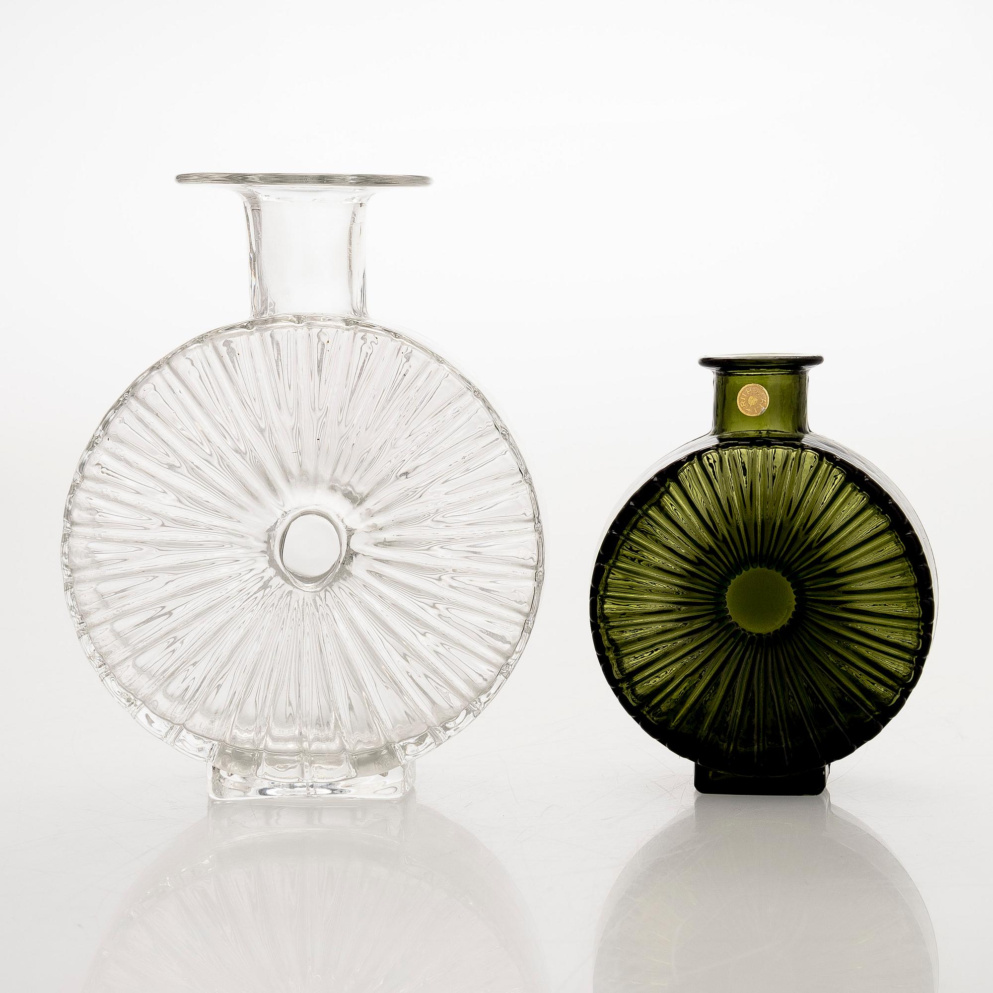 Helena Tynell, two glass 'Sun bottle' bottles for Riihimäen Lasi Oy. In production 1964-1974.
