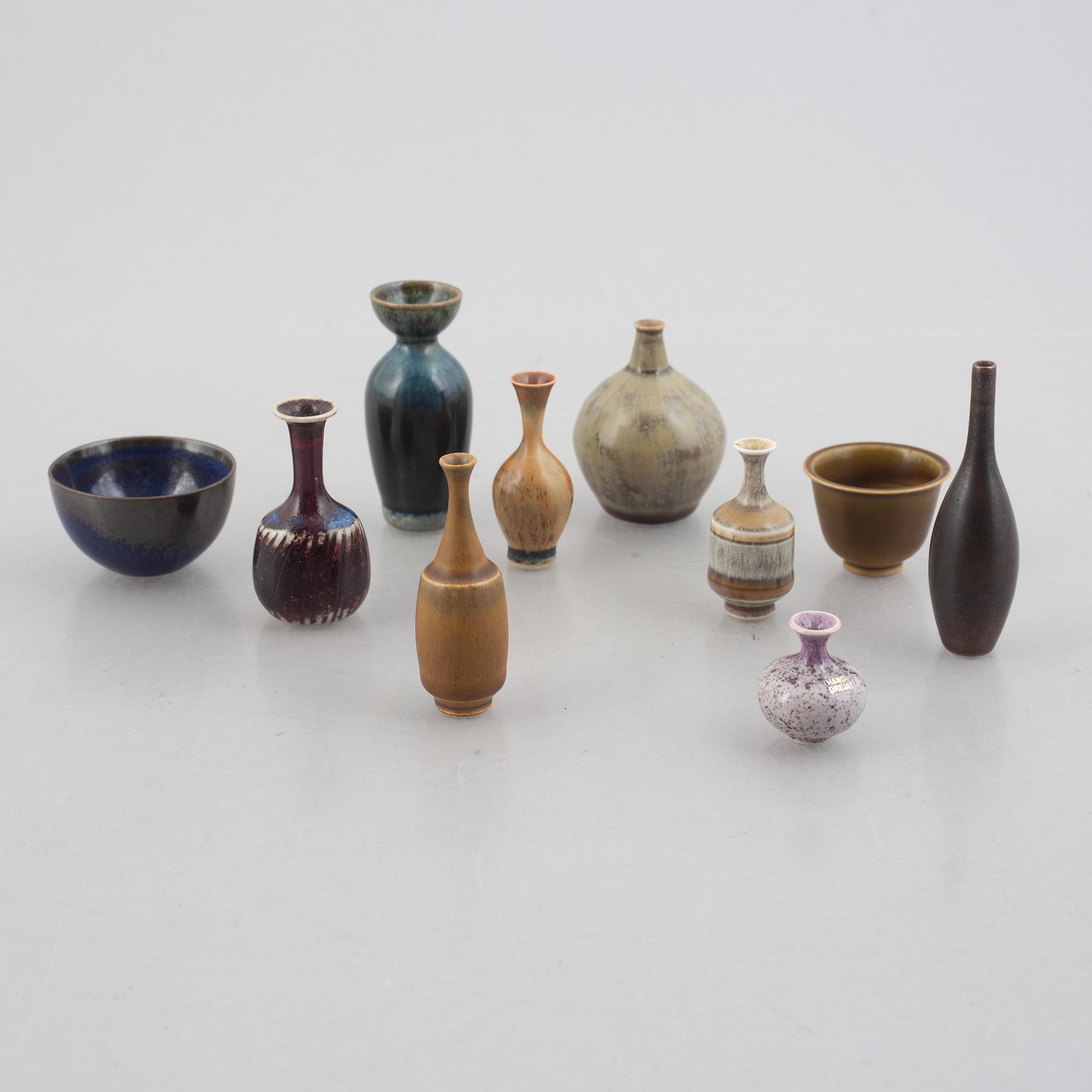 Ten stoneware miniatures, mostly from Höganäs, Sweden.