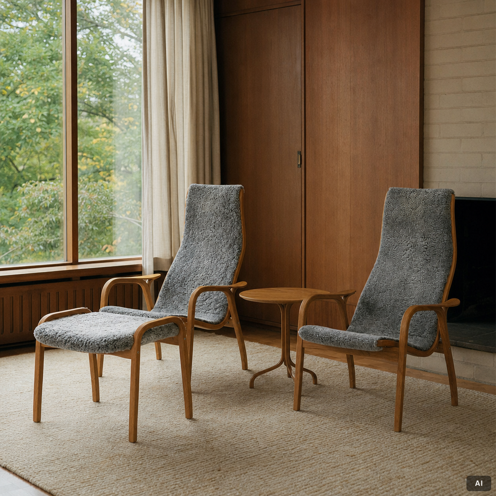 Yngve Ekström, A pair of armchairs, a footstool, “Lamino”, and a side table, Swedese, 2000s.