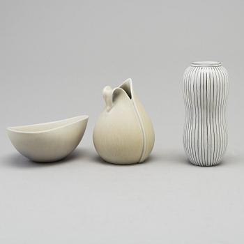 STIG LINDBERG, skål samt vaser, 2 st, stengods, Gustavsberg.