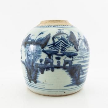 A blue and white jar, 20th century.