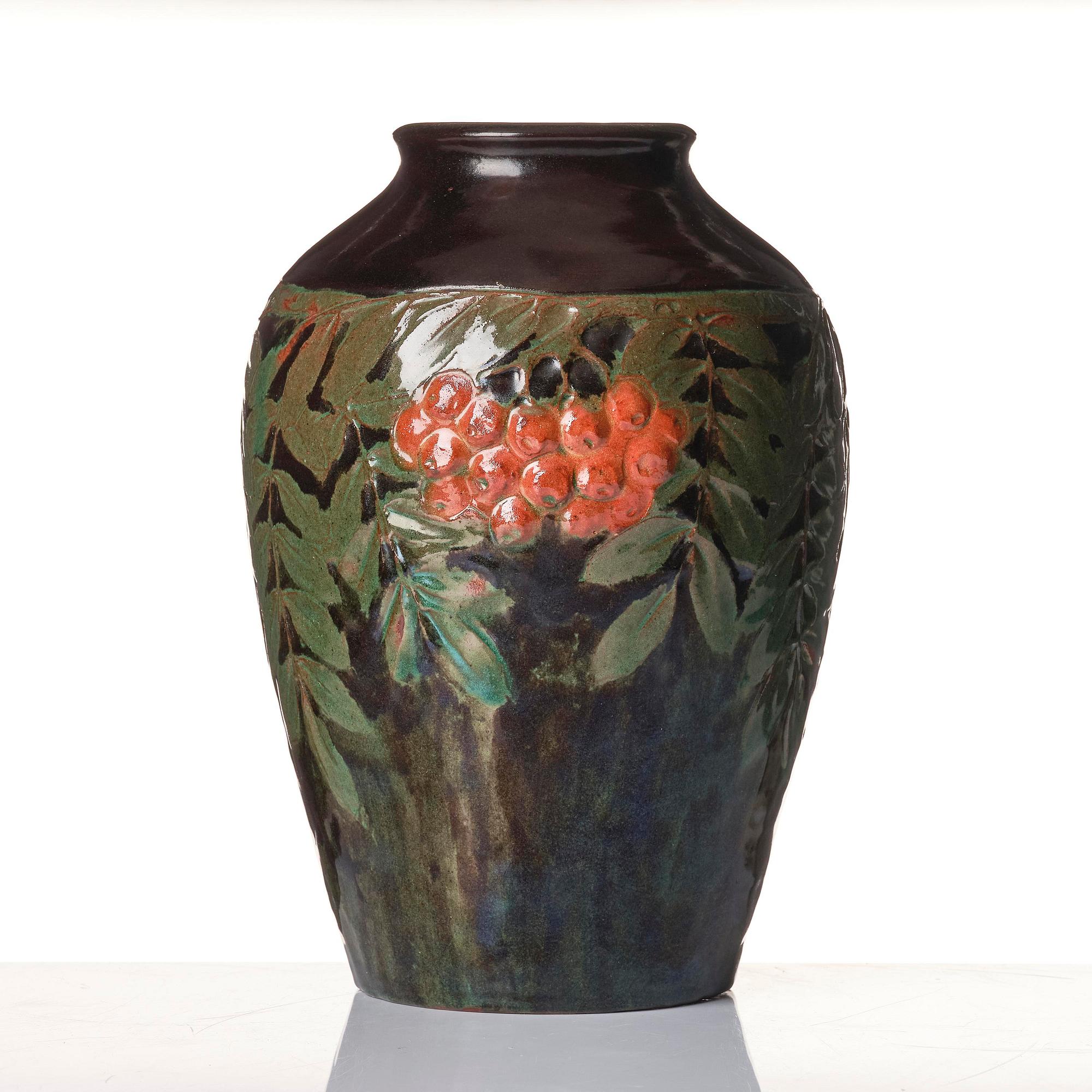 Hilma Persson-Hjelm, a glazed earthenware art nouveau vase, executed in her own studio, Arvika 1913. No 2241.