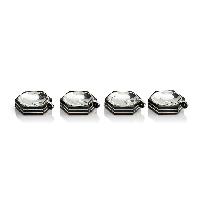 Guldsmedsaktiebolaget (GAB), four silver and bakelite salt-cellars, design by Eric Pihlgren, Stockholm, Sweden 1938.
