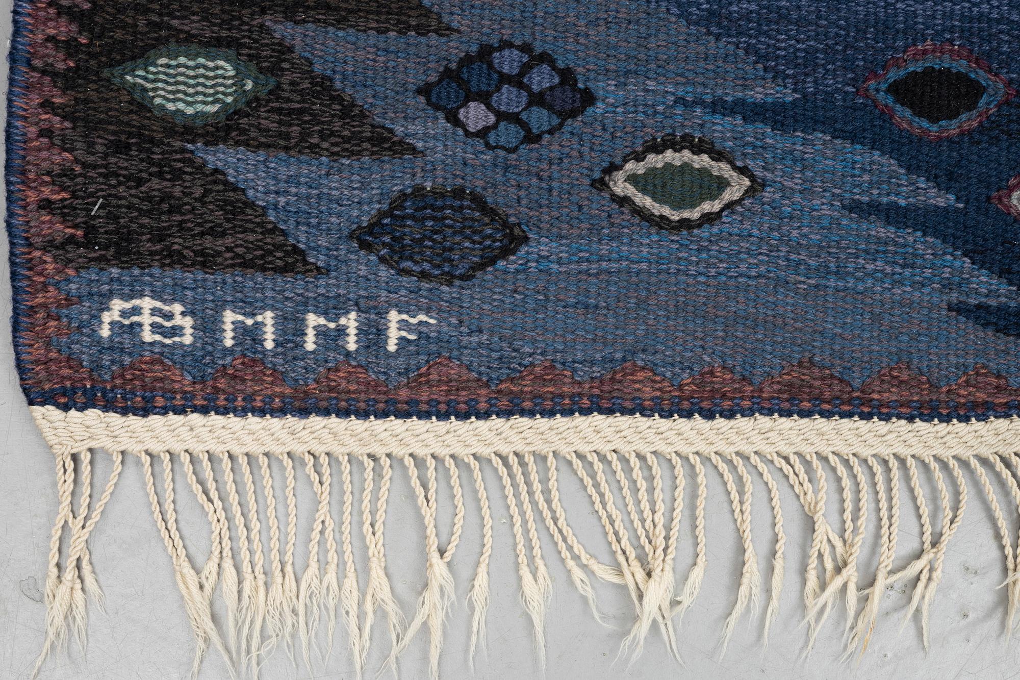 Barbro Nilsson, a carpet, "Tånga blå", flat weave, ca 243,5 x 173 cm, signed AB MMF BN.