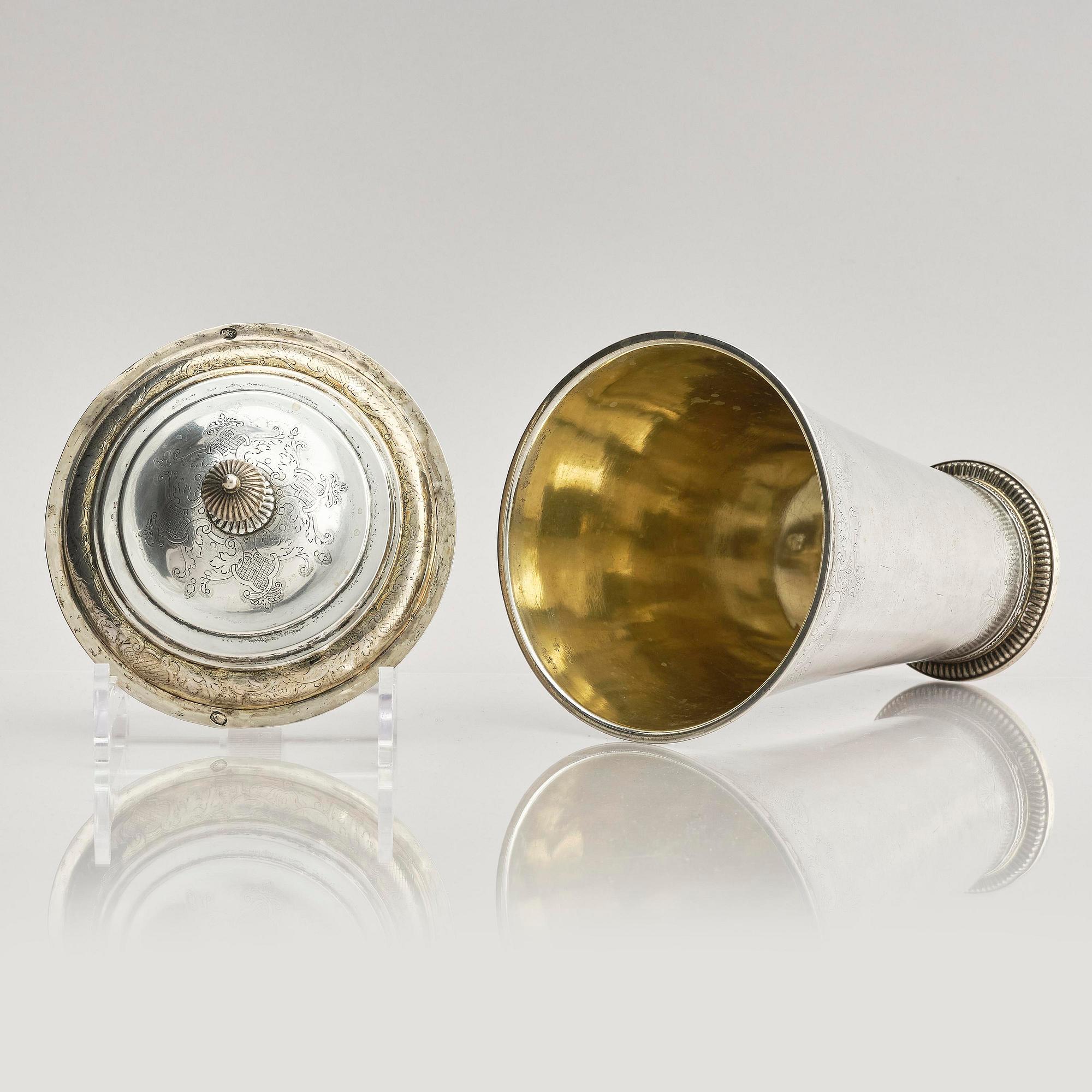 A Swedish late Baroque parcel-gilt silver beaker pl and cover, mark of Anders Limnell, Linköping 1740.