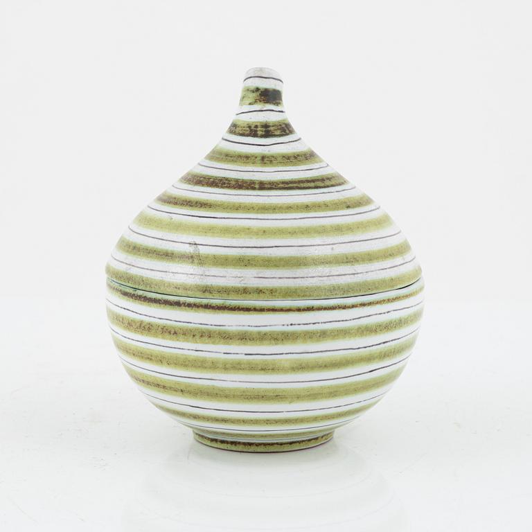 Stig Lindberg, skål med lock, fajans,  randig och grön, Gustavsberg.