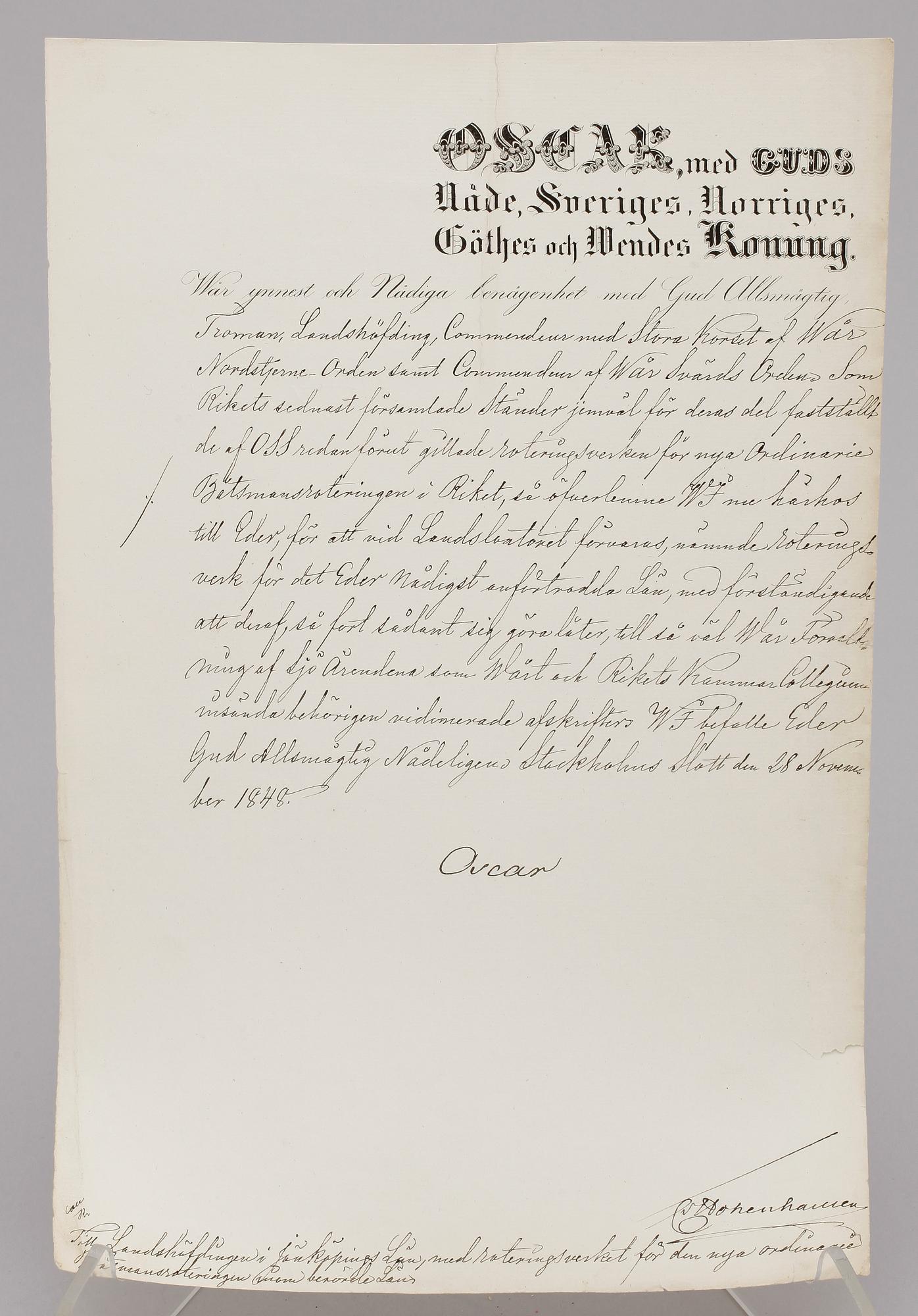 DOKUMENT MED KUNGLIG AUTOGRAF, Konung Oscar I av Sverige, dat Stockholms Slott 28 nov 1848.