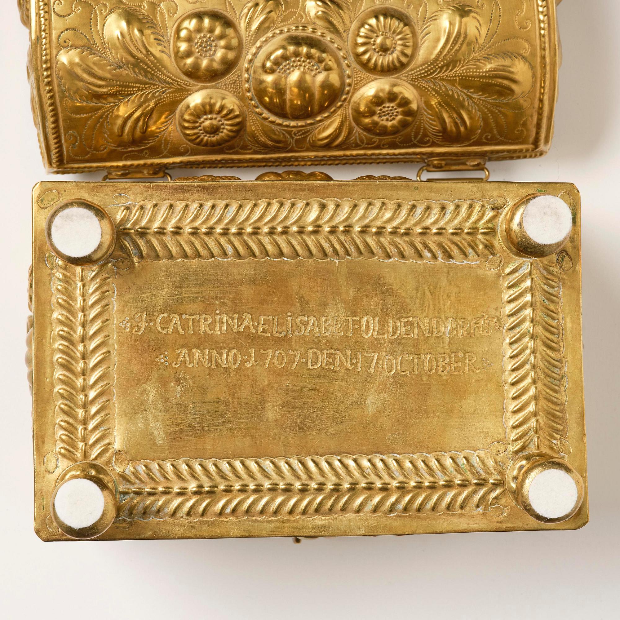 A Swedish baroque repousse brass box, dated 1707.