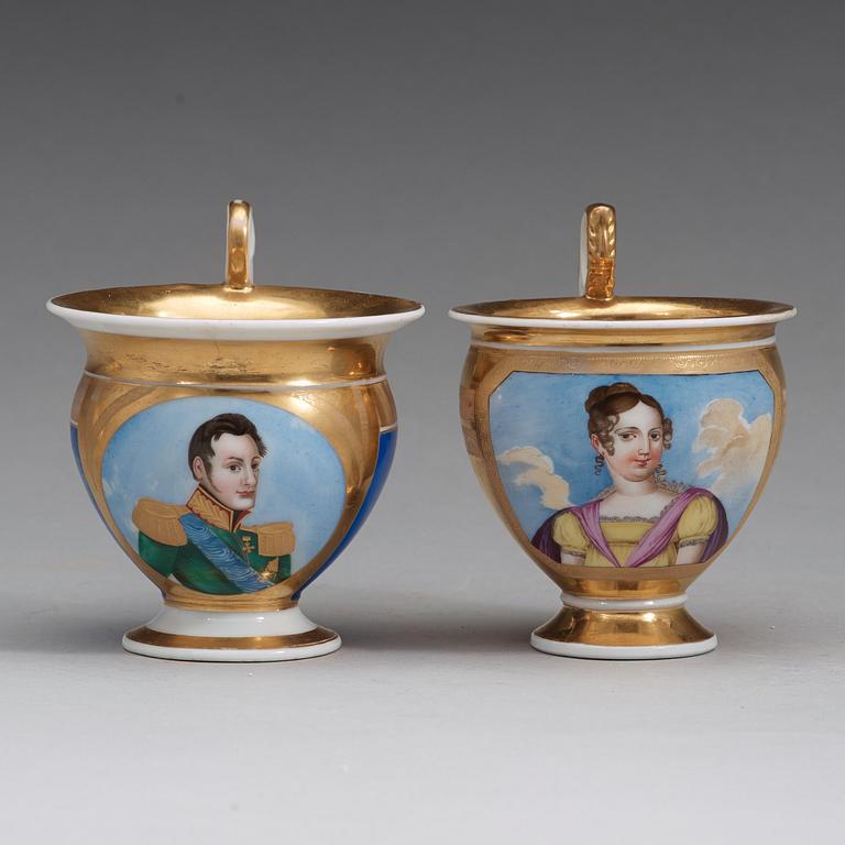 A pair of Russian Gardner Empire cups with stands, early 19th Century.