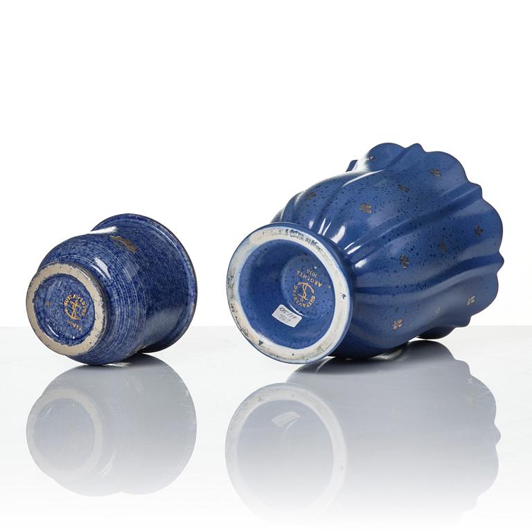 Wilhelm Kåge, a set of two Argenta stoneware vases, two dishes and a bowl with lid, Gustavsberg 1930s-50s.