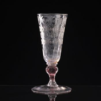 A Bohemian cut and engraved colour twist goblet, first half of the 18th Century.
