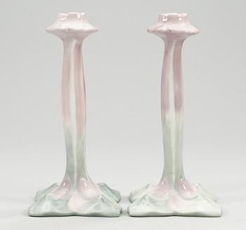 A pair of porcelain art nouveau candlesticks, Rörstrand.