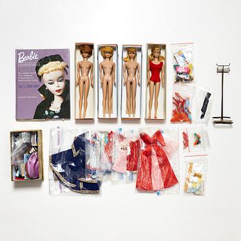 Barbie dolls, 4 pcs, along with clothes and accessories, Mattel, 1960s.