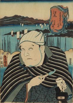 Kuniyoshi (1797/98-1861), samt Utagawa Kunisada I (Toyokuni III), färgträsnitt, 3 st, Japan, 1800-tal.