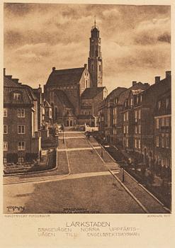 Henry B. Goodwin, tre fotogravyrer, Vårt vackra Stockholm sign i negativet. Bragevägen, Floras kulle, Engelbrektskyrkan.