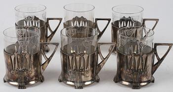 TEGLAS, 6 st, vitmetall och glas, jugend, WMF, tidigt 1900-tal.