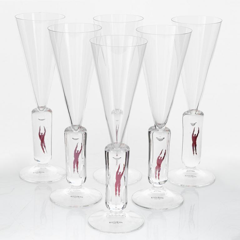 Bertil Vallien, six 'Millenium' champagne glasses, Kosta Boda.