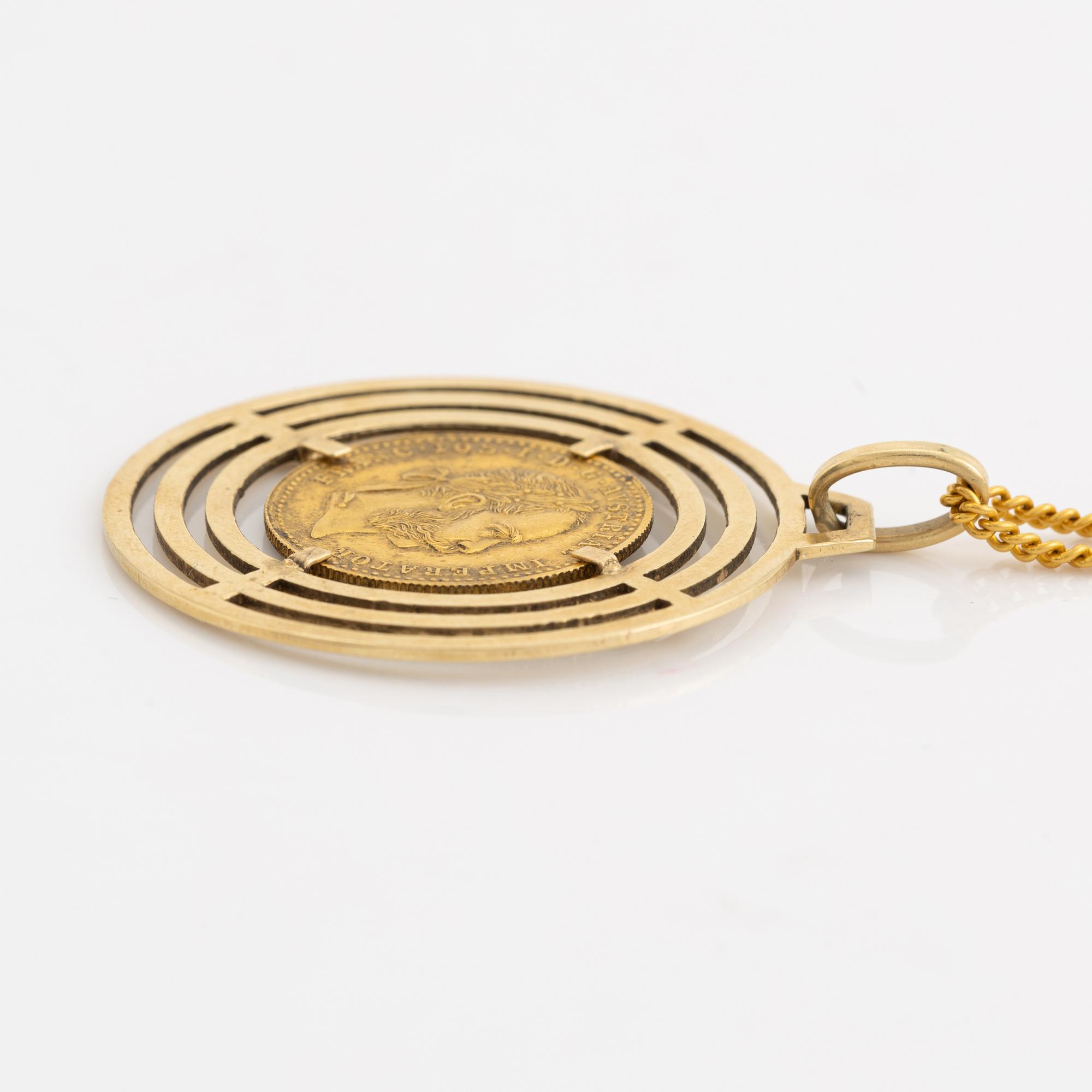 Hänge, med mynt Frans Josef i ram guld 14K guld, kedja 18K guld.