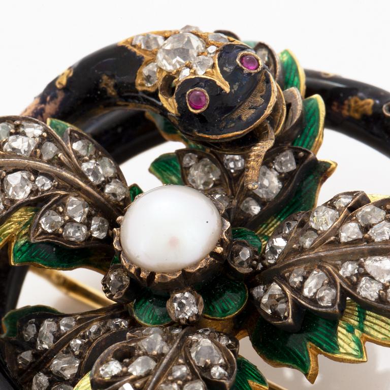 Old-cut diamond, pearl and enamel snake brooch.