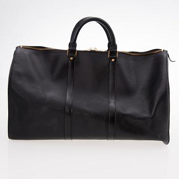 LOUIS VUITTON A BLACK EPI LEATHER KEEPALL 50 TRAVEL BAG.