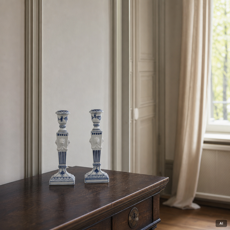 A pair of Royal Copenhagen 'Blue fluted' candle sticks, Denmark, 20th century.