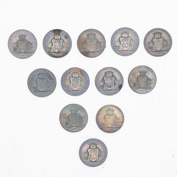 Medals, 12 pcs, silver, Kungl Myntverkt, Sweden, circa 1900.