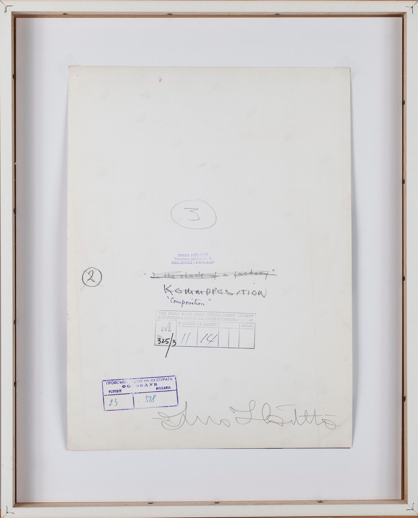 ISMO HÖLTTÖ, silvergelatinfotografi, signerad a tergo, konstnärens avdrag 1967. Vintage.