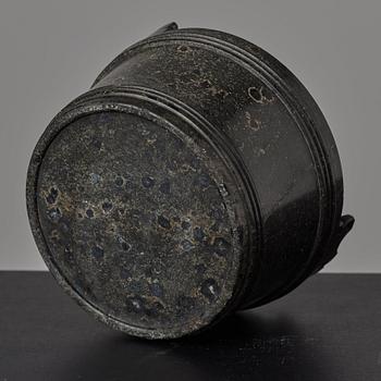 A serpentine stone butter box and cover circa 1800.