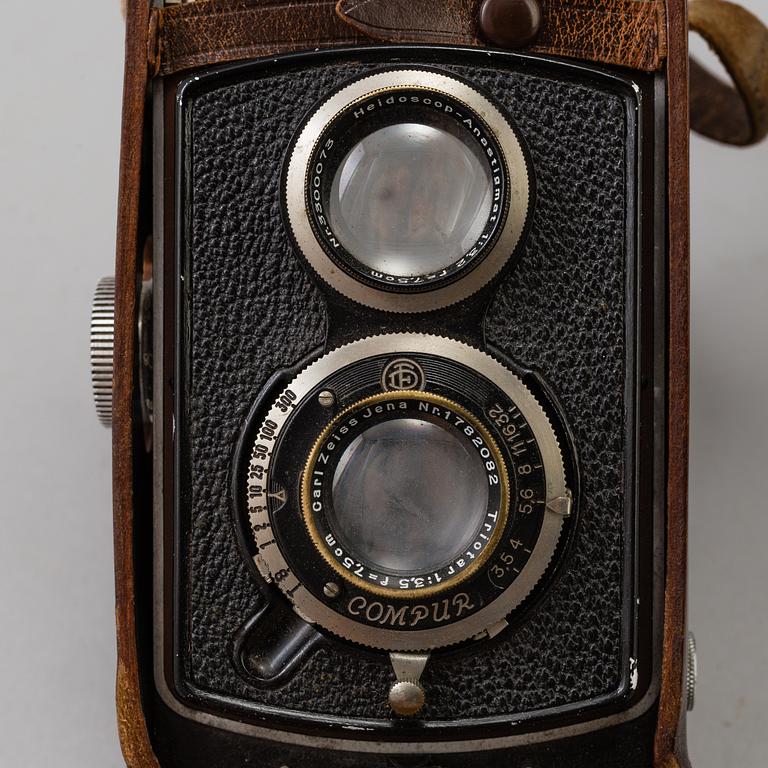 Two Twin Lens Reflex Cameras, a 1950s /60s Yashica 635 and a 1930s Rolleicord.