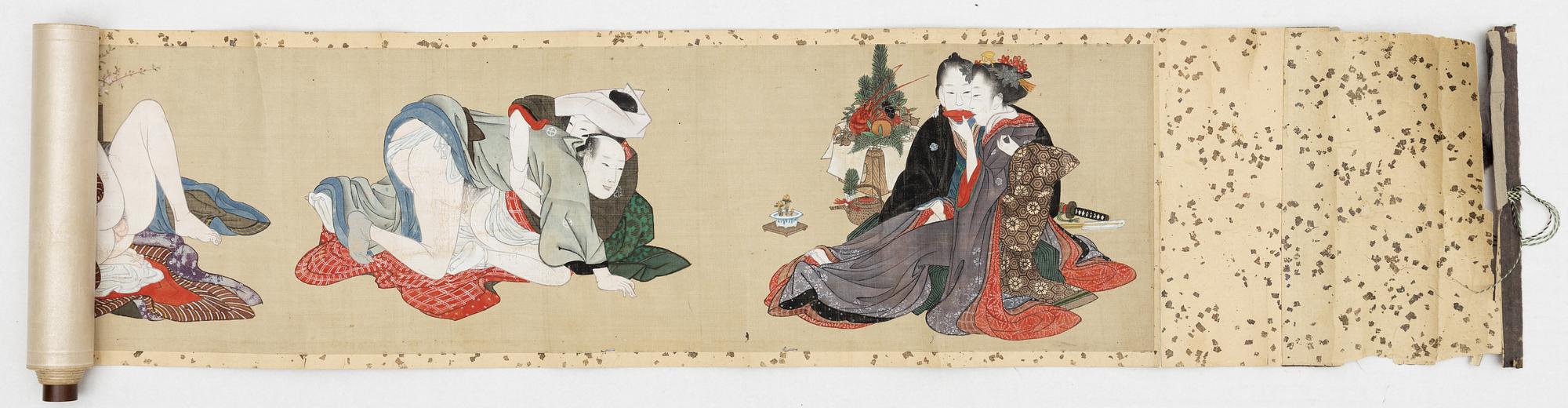 Makimono/a scroll painting, shunga, ink and colour on silk, Japan, 19th century.