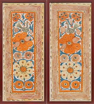 Textile paintings, a pair, so-called rooster paintings, Sunnerbo school, Småland, first half of the 19th century.