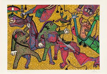 ENRICO BAJ, a lithograph in color and mixed media. Numbered 224/250 and signed.