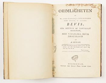 BOK, "Orimligheten af de under Captain J v Hökerstedts...Bevis....adelskap...", Anders Ekman, Stockholm 1792.