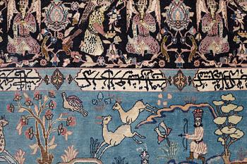 A CARPET, an antique/semi-antique Tabriz part silk figural, ca 345-346 x 217,5-232 cm.